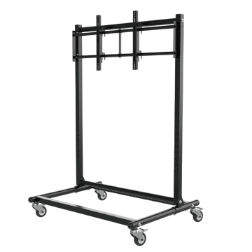 Mobile dual-post single-screen display stand with lockable casters, compatible with 55 to 86 inch monitors.