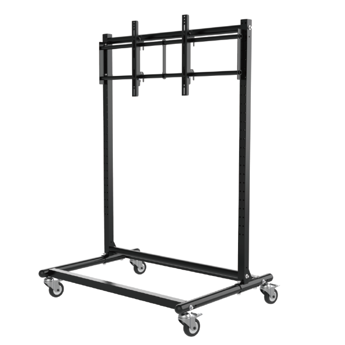 Mobile dual-post single-screen display stand with lockable casters, compatible with 55 to 86 inch monitors.