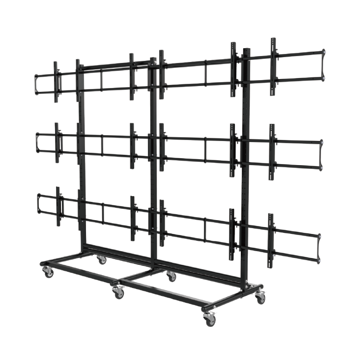 Video wall display cart with 3x3 layout for 46-50 inch screens